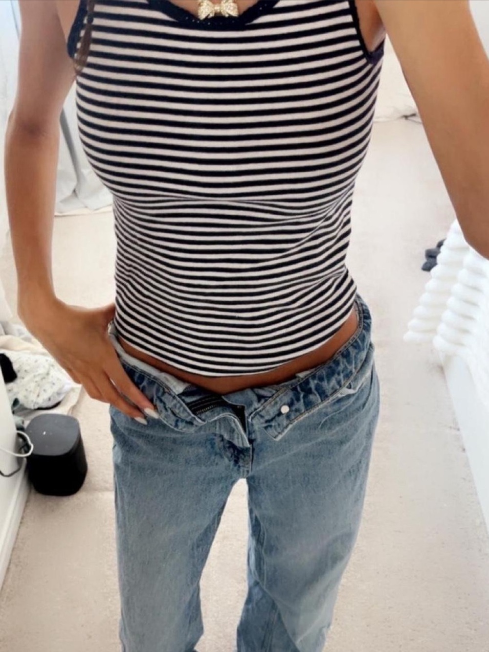 GAP Kids Navy Striped Lace Trim Tank Top - Blue & White Ribbed Camisole